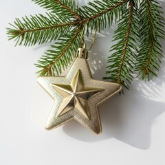 Gold star Christmas ornament hanging from evergreen branch  