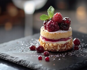 dessert on black slate with dramatic lighting and moody shadows, upscale restaurant vibe, cinematic mood & lighting 