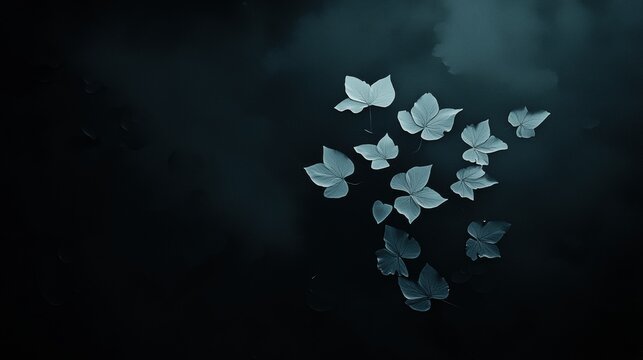 A cluster of delicate, light blue flowers blooms against a dark, moody backdrop.
