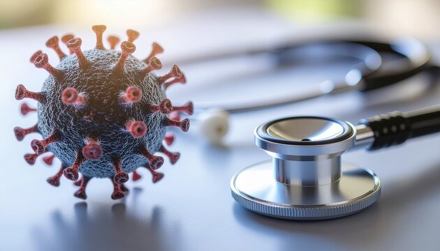 A 3D virus cell model sits next to a stethoscope, symbolizing medical research and global health crisis.