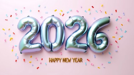 Shiny silver 2026 balloons with colorful confetti and happy new year message