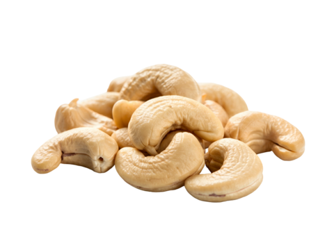 Close-up of a heap of natural, raw, unsalted cashew nuts, a nutritious and healthy snack, isolated on a white background
