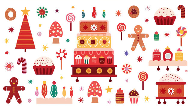 Festive array of christmas sweets and decorations including gingerbread men and a tiered dessert stand