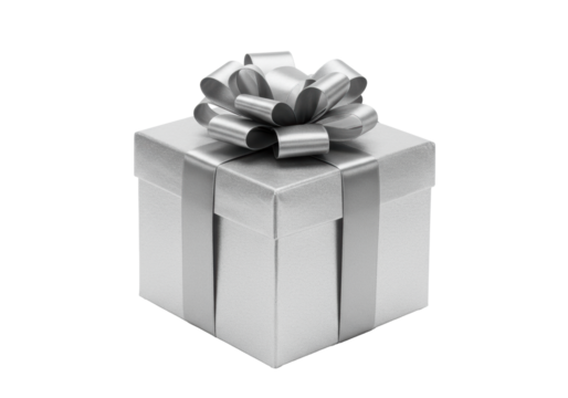 A perfectly square gift box wrapped in shimmering silver paper with a lustrous silver satin ribbon tied into a symmetrical bow, isolated on a transparent background with copy space. Luxury gift-giving