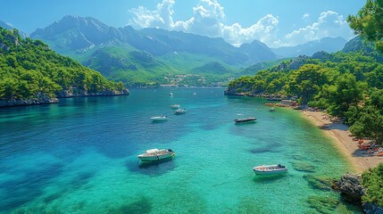 Coastal landscape with boats turquoise water