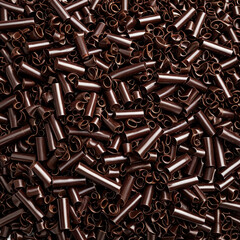 Chocolate shavings Curled, dark brown confectionary topping texture