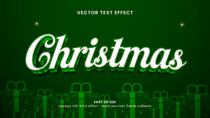  Festive Christmas vector text effect with glowing script lettering, red gradient background, green pine trees, and gift silhouettes, creating a warm holiday celebration design.