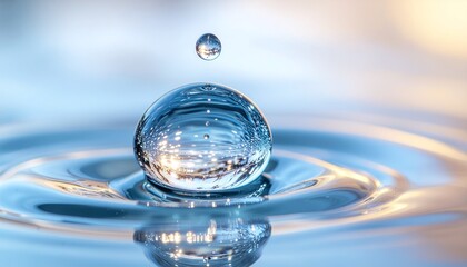 A large, suspended water droplet creates ripples, with a smaller droplet hovering above, symbolizing clarity.