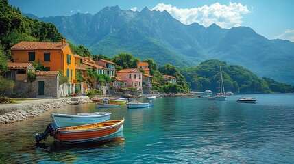 Coastal village buildings boats mountain landscape