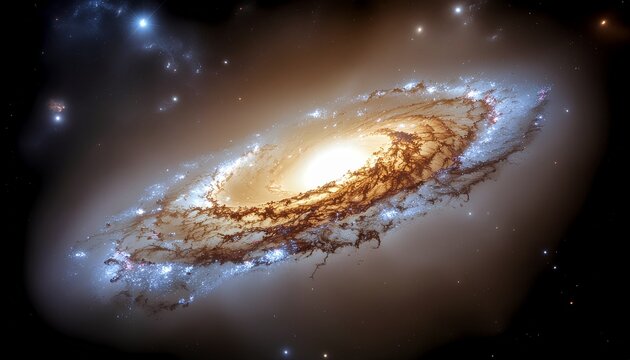 A massive glowing spiral galaxy with a fiery orange core and swirling bluewhite cloudsdust, full of stars.