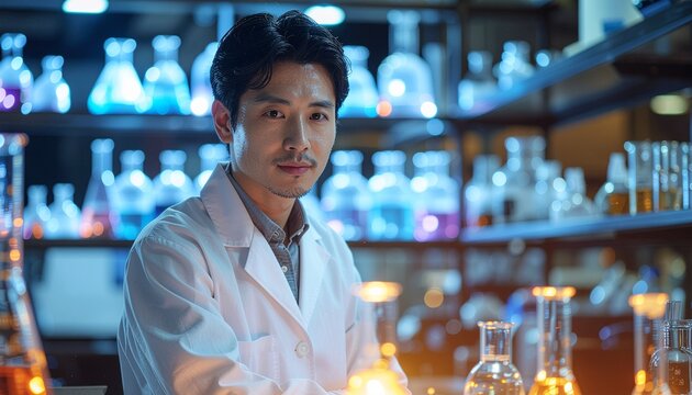 A scientist in a lab coat smiling behind glowing flasks and data holograms, symbolizing modern researchbiotech.