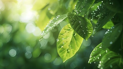 Green leaves with dew drops sparkling in soft sunlight, nature close-up background