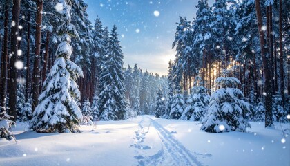 Fototapeta premium Winter Wonderland Forest Scene with Snowfall