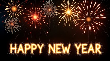 Sparkling happy new year fireworks display illuminating the night sky
