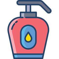 Red Soap Dispenser With Blue Label And Yellow Drop Icon On Transparent Background With Gray Pump And Blue Base And Lid