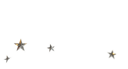 Numerous silver sparkling stars, soft golden bokeh, and shimmering particles scattered dynamically with shallow depth of field on a transparent background. Festive magic atmosphere