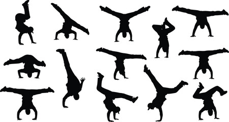 Breakdance and acrobatic handstand silhouettes showing street dance power moves, dynamic freestyle poses with athletic balance and strength on white