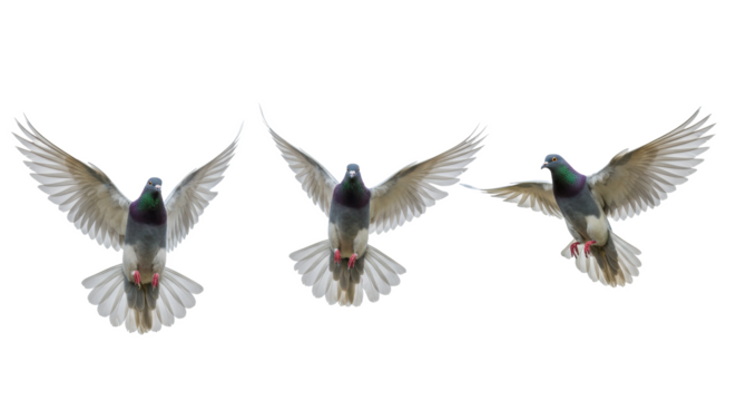 Three adult iridescent doves with shimmering green, purple, white feathers, elegant wide wings, captured in dynamic flight against a transparent studio background with copy space, concept of peace and