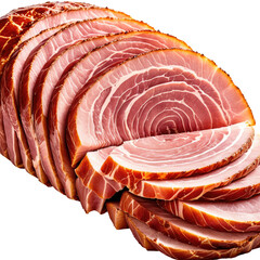 Sliced ham exposing marbling texture, prepared as a festive roast