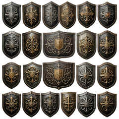 Ornate shields collection decorative, detailed, various shapes and designs