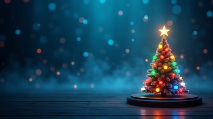 Magical christmas tree with twinkling lights and falling snow