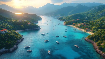 Coastal bay landscape with boats and lush greenery