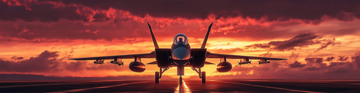 Fighter jet prepares for takeoff at sunset on aircraft carrier deck