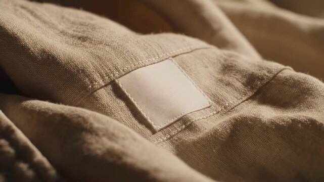 Close-up of a textured fabric with a blank patch for customization or branding, showcasing natural material detail