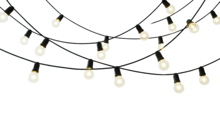 Multiple strands of vintage Edison-style string lights with cool white LED bulbs and black wires, dynamically draped against a bright studio white background with copy space. Modern festive design
