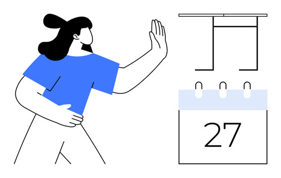 Woman raising hand to stop near table and calendar. Ideal for time management, task prioritization, setting boundaries, event planning, productivity, decision-making, and deadlines. A simple flat