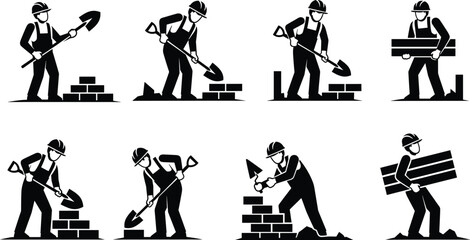 Construction worker silhouettes doing masonry with shovels and bricks, carrying planks, building site labor tasks, safety helmet, black figures on white © MdMoksad