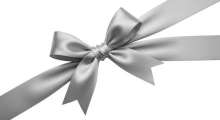 Luxurious silver satin ribbon, shimmering with bright highlights and soft shadows, perfectly tied elegant bow, angled on a transparent background, concept of high-end gift wrapping