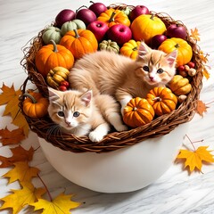Kittens cozy up in a basket of autumn fruits and pumpkins Generative AI
