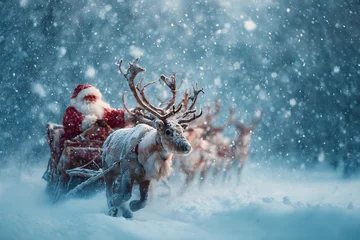 Poster Bosdieren Santa Claus in a snowy forest with reindeer pulling a festive sleigh during winter  © Oleg