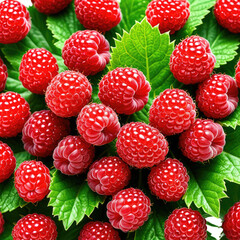 Raspberries atop vibrant green leaves, creating a fresh composition