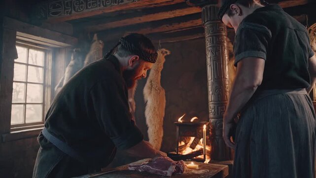 Man prepares hide in workshop. Craftsman stretches pelt near crackling fireplace. Fur and leather hang from beams. Tannery process with smoke and glowing fire. Artisan shapes hide with tool and care.