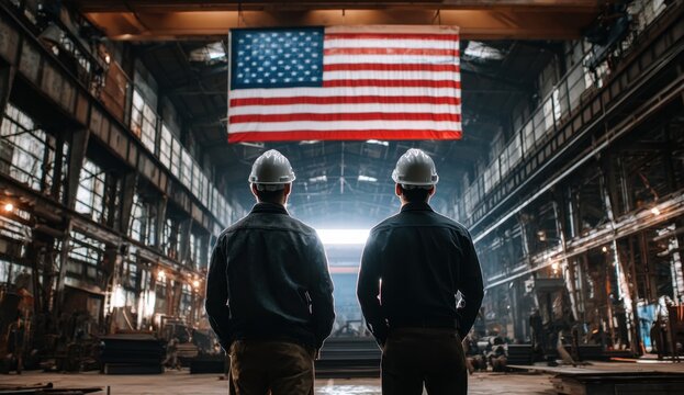 Two workers in hard hats stand in an industrial setting, gazing towards an American flag hanging overhead, symbolizing national pride and the workforce