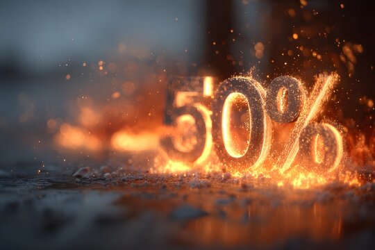 Sparkling 50 percent discount symbol shines bright in a dynamic fiery background during promotional event