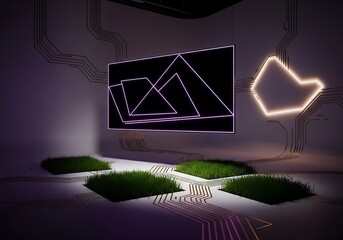 Surrealistic tech landscape with neon shapes and verdant grass patches