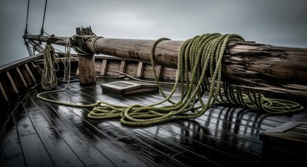 Nautical Rope on Wet Wooden Deck of Old Sailing Ship