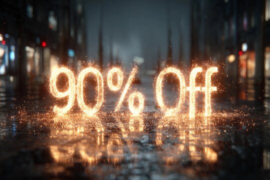Bright sparks display 90 percent off discount in a rainy city street at night - Powered by Adobe