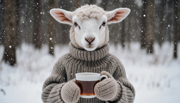 A lamb dressed in woolen clothes, hat and gloves drinks a hot coffee on a winter background.