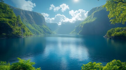 Scenic lake and green mountains landscape