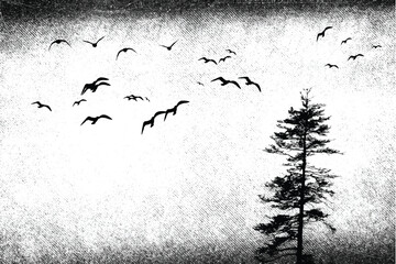 Silhouette of fir tree with flying birds. Gothic style black and white illustration