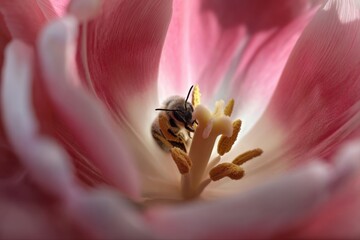 fuzzy bee collecting pollen inside pink tulip