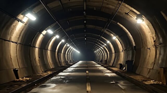 Dimly Lit Concrete Tunnel Interior With Row of Lights and Wet Ground