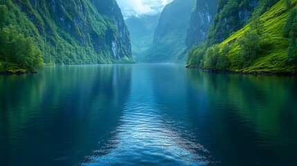 Scenic lake surrounded by lush mountains