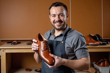 happy male shoemaker or cobbler in a grey apron, smiling proudly while holding up a finished brown leather shoe in his workshop