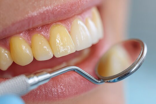 Human teeth during dental examination with mirror