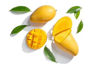 sliced ripe mango fruit with green leaves bundle isolated on transparent background PNG